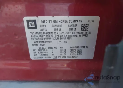 2022 Chevrolet Trax Awd Lt from USA, damaged, VIN KL7CJPSM4NB533853